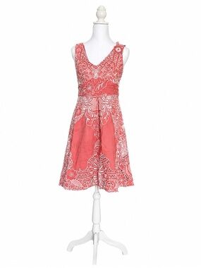 Yoana Baraschi Size 4 Linen Dress Coral Pink Embroidered Sleeveless Floral